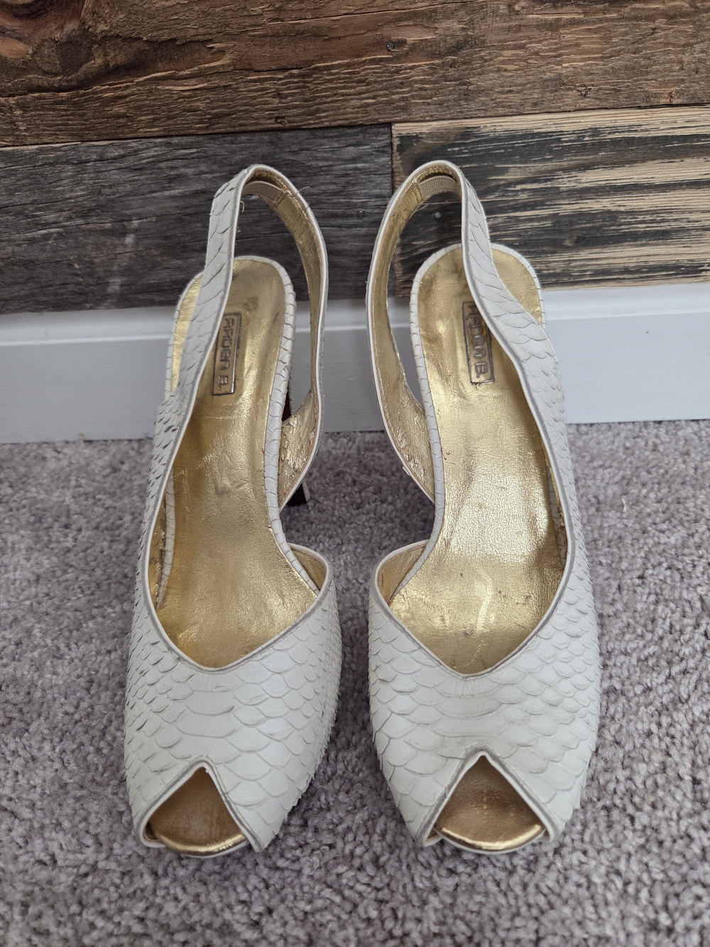 Arden B White Python Embossed Peep-Toe Slingback Heels